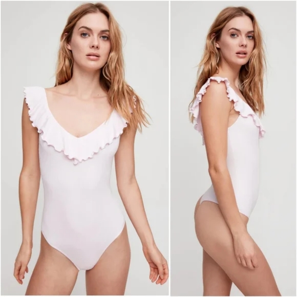 Wilfred burgundy Danette ribbed sleeveless ruffle neck thong bodysuit, size M - Picture 13 of 13